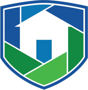 Shield logo with a house silhouette in blue and green, suggesting home security.